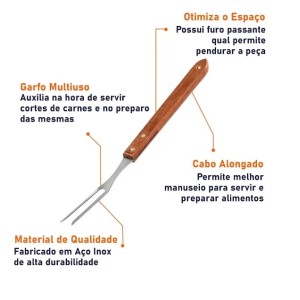 Garfo Trinchante Longo Churrasco Inox Cabo Madeira 38cm